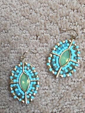 Turquoise Beaded Marquise Drop Earrings - Gold Accent